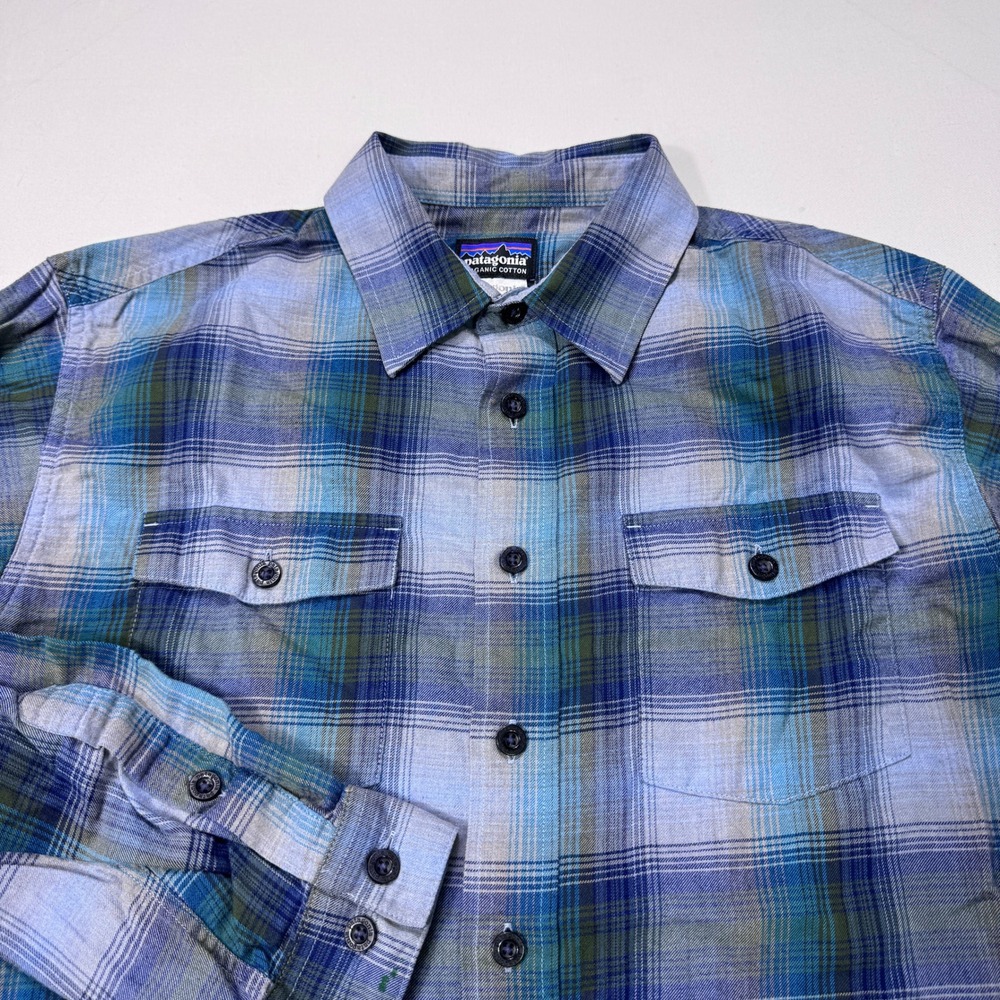 Patagonia Men Small Buckshot Flannel Shirt Blue Green Plaid Organic Cotton 53856